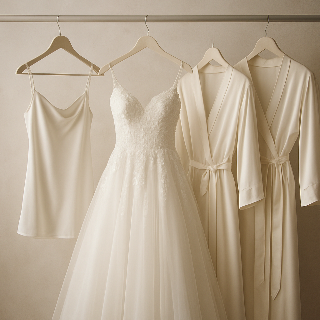 Elegant white wedding dress and delicate silk garments carefully displayed