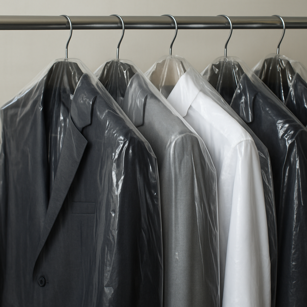 Suits and formal garments in dry cleaning bags hanging on a rack