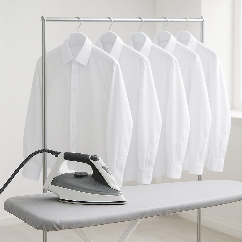 Crisp white business shirts perfectly pressed and hanging on hangers