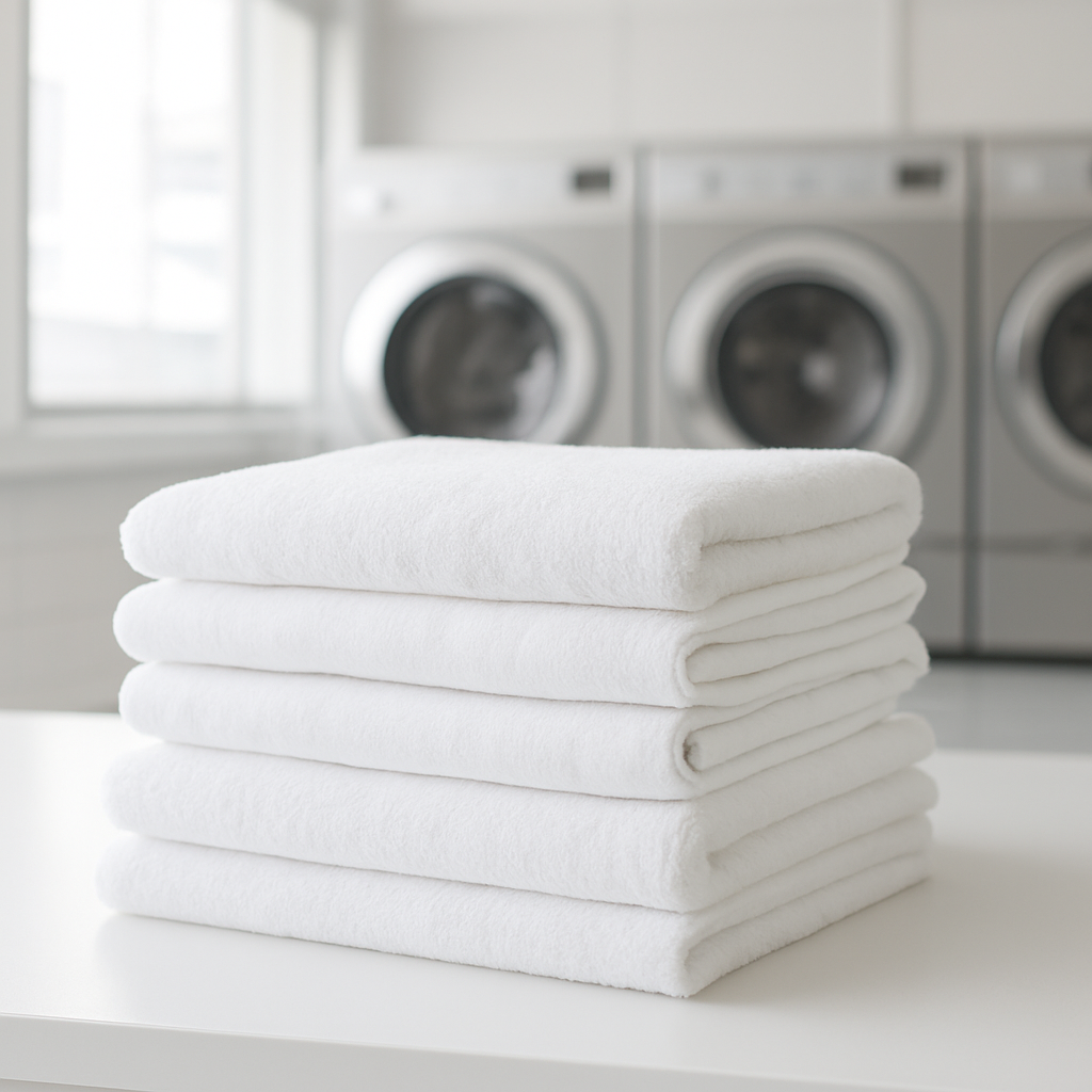 Freshly folded clean white laundry stacked neatly
